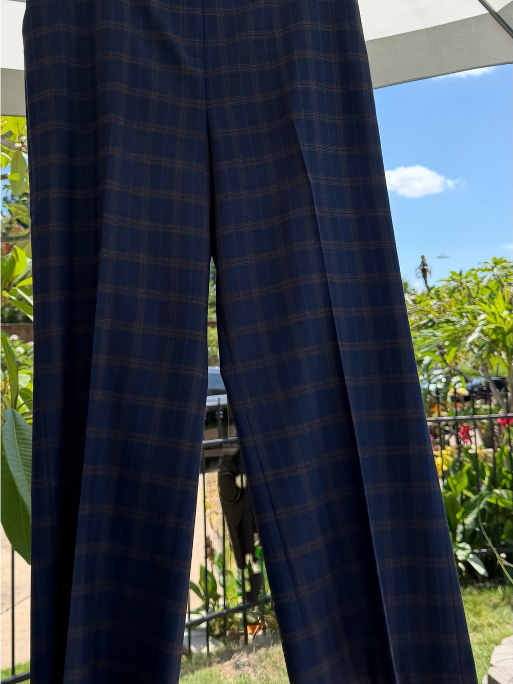 Alex Marie Navy and Brown Plaid Trousers Career Stretch